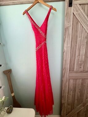 Stunning Coral Beaded V-Neck Prom Dress
